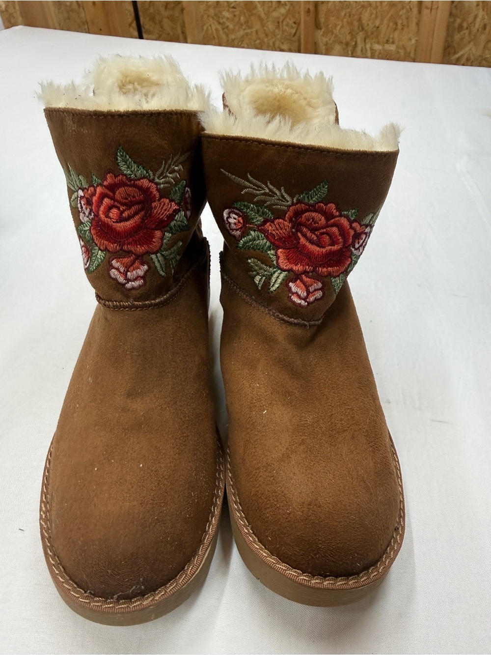 Rock & Candy Brown Suede Slip-On Booties with Red Floral Embroidery